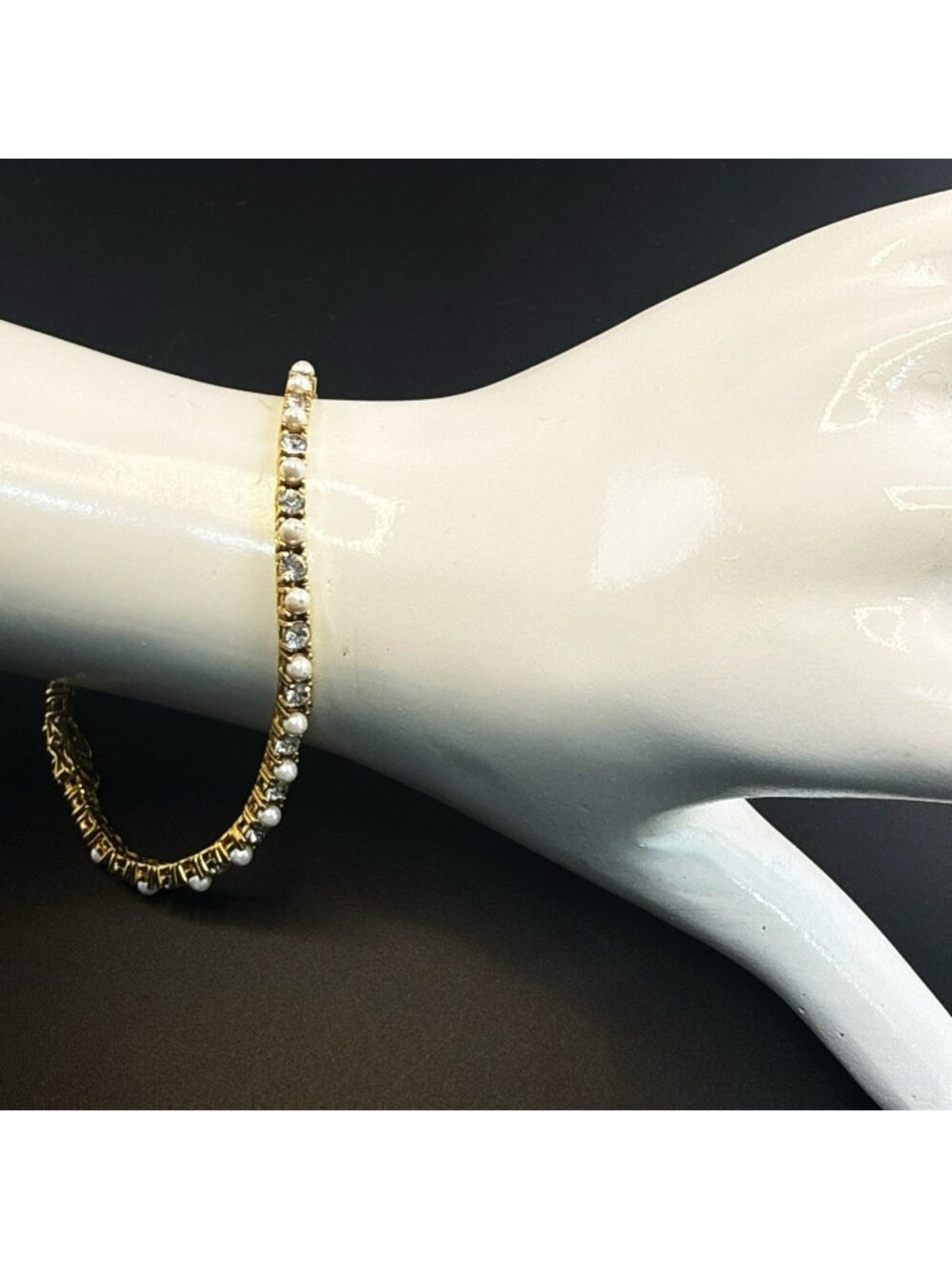 Joan Rivers Tennis Bracelet Rhinestone Imitation Pearl White Classic Gold Tone